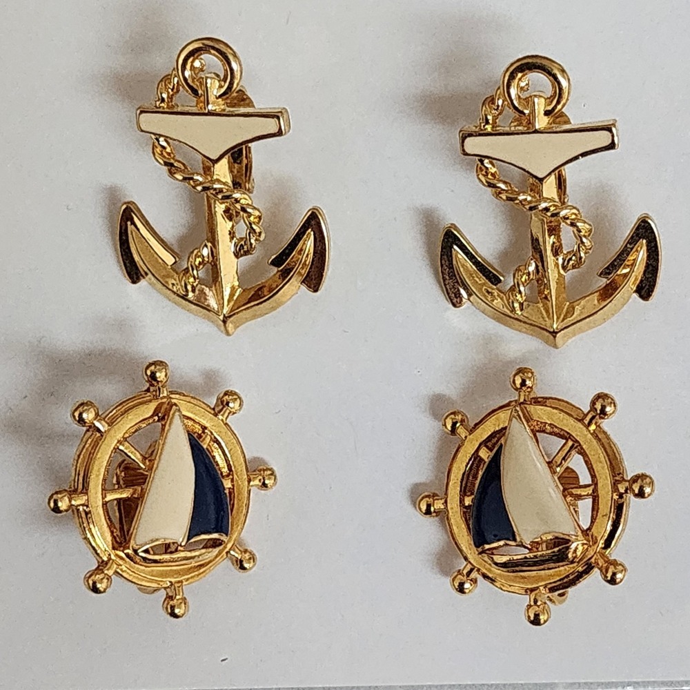 Avon Vintage Clip On Earrings Gold Tone Nautical Sail Boat Anchor Lot 2